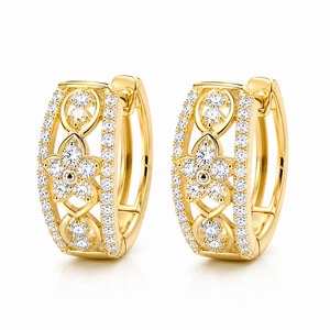 Boucles d'oreilles créoles de luxe en or jaune avec diamants ronds taille brillant, motif floral, sertissage à griffes, bijoux de mariage pour femme - Product Image 1