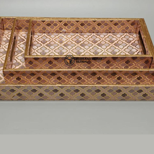 Geometrical Enamel Serving Tray Set of 3 MDF Wooden Decorative Tray Set Brown & Gold <b>Pattern</b> Serving Trays - Product Image 4