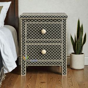 Mesita de noche premium hecha a mano con incrustaciones de hueso, cajón espacioso y diseño decorativo de superficie de mosaico. - Product Image 1