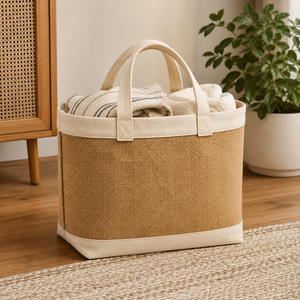 Jute <b>Storage</b> <b>Basket</b> Bag Natural Cotton Canvas PP Laminated Home Laundry Organizer with Handles Custom Logo Wholesale OEM Factory - Product Image 6