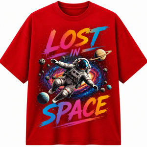 เสื้อยืดผู้ชายสีดำพิมพ์ลาย Lost Space Astronaut แบบถ่ายเทความร้อน คอกลม แขนสั้น ทรงปกติ สวมใส่สบาย ผ้าฝ้ายเจอร์ซีย์ 100% น้ำหนัก 180 กรัม - Product Image 1