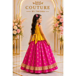 Conjunto de Top Lehenga con Adornos en Amarillo y Rosa para Niñas, Diseño sin Mangas - Conjuntos para Mujer - Product Image 5