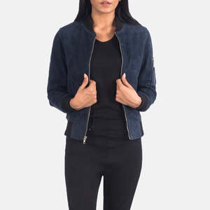 Women's Navy Blue <b>Suede</b> Motorcycle <b>Jacket</b> Full Sleeve Zipper Front Stand Solid Color Streetwear Winter Windproof Waterproof - Product Image 1