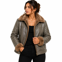 Blouson aviateur en cuir véritable pour femme avec garniture en fourrure, fermeture éclair, manteau chaud d'hiver