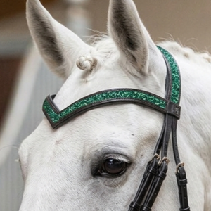 Bridon de dressage en cuir anatomique, sangle de nez rembourrée en forme de V, serre-tête vert pailleté, quincaillerie en acier inoxydable de haute qualité - Product Image 5