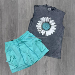 Conjunto personalizado de 100% algodón lavado ácido camiseta sin mangas y pantalones cortos para Hombres estilo callejero Vintage estampado DTG sin mangas para el verano - Product Image 2