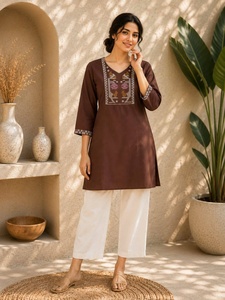<b>Women</b> Brown Embroidered Cotton <b>Kurti</b> With White Pants Loose Fit Ethnic Casual Wear Set India Pakistan Style All Seasons - Product Image 1