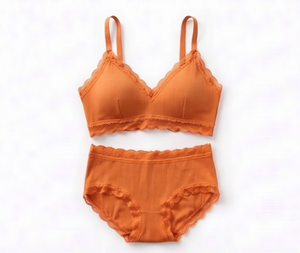 Conjunto de bralette sin aros y braguita de bikini naranja para mujer con ribete de encaje, ropa interior de punto de cintura media de spandex de secado rápido - Product Image 1
