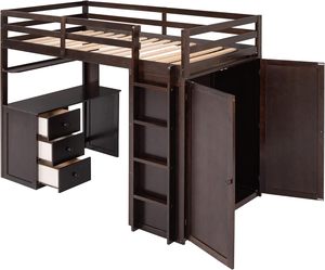 Espresso Twin Size Solid <b>Wood</b> Loft Bed with 3 Storage Drawers Traditional Study Desk Safety <b>Ladder</b> for Kids/Teens - Product Image 1