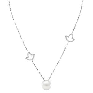 Silver <b>Double</b> Chain Pearl Pendant <b>Necklace</b> with Bird Shape Charms White Round Pearl Elegant Layered Women Fashion Jewelry - Product Image 6