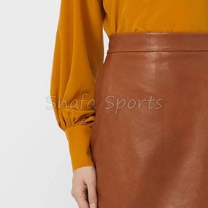 Jupe en cuir véritable taille empire, style crayon souple, coupe droite, longueur courte, volants brodés, élégante - Product Image 5