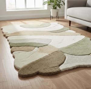 Tapis en laine tufté à la main, moderne, abstrait, beige et vert neutre, pour salon, chambre, décoration intérieure, tapis doux et luxueux - Product Image 2