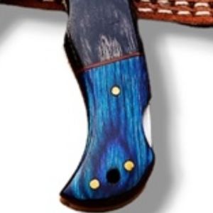 Cuchillos Plegables de Caza con Hoja de Acero con Patrón Damasco, Mango de Madera Hecho a Mano, Empuñadura Decorativa de Metal y Funda de Cuero para Camping - Product Image 3