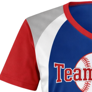 Camiseta de Softbol Sublimada con Cuello en V, Azul Rey, Rojo y Gris, Uniforme Personalizado para Equipo con Diseño de Número en la Espalda - Product Image 4