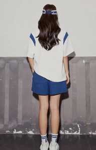 Women's White Color Block <b>Polo</b> Shirt Short Sleeve Turn Down Collar <b>Top</b> with Blue Shorts - Product Image 6