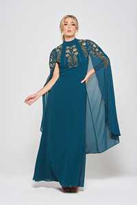 Robe de mariée élégante bleu sarcelle à col en V, broderies florales, manches cape en maille, coupe trapèze, longueur ras du sol, style fourreau ajusté, toutes saisons - Product Image 6