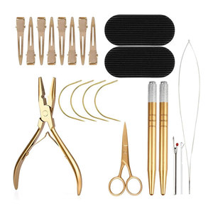 Kit d'outils pour extensions capillaires avec micro-anneaux dorés, outil à boucle en acier inoxydable, aiguille à crochet, kit professionnel de pinces pour micro-perles - Product Image 1