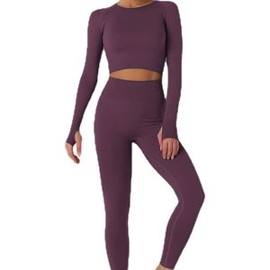 Solid Color Ribbed Gym Set Long Sleeve <b>Crop</b> <b>Top</b> High Waist Seamless Yoga Set Wine <b>Red</b> - Product Image 1