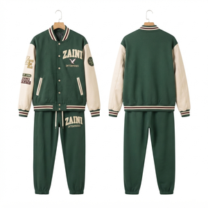 Men Varsity Tracksuit 380 GSM Premium Cotton Fleece Green Cream Contrast Panel Custom <b>Embroidery</b> Print Patch Logo OEM ODM - Product Image 1