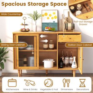 Credenza in Teak e Bambù per Soggiorno con Ante Scorrevoli in Rattan, Cassetto Estraibile e Base in Legno di Gomma - Product Image 6