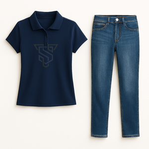 T-shirt polo en coton et bambou uni pour femme avec pantalon bleu classique – Vêtement d'été à séchage rapide fabriqué au Pakistan - Product Image 1