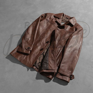 Veste en cuir marron vintage pour homme, classique, décontractée, boutonnée, en cuir véritable, coupe ajustée rétro, légère, pour l'automne - Product Image 4