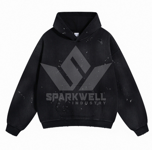 Sweat-shirt à capuche surdimensionné noir pour homme Sparkwell Industry, 100% coton, tissu molletonné français, imprimé, poche avant, vêtement décontracté pour l'automne - Product Image 1