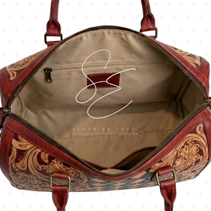 Sac de voyage SEHRAINN en cuir repoussé, motif à carreaux rouges, forme tonneau, sac de luxe avec fermeture éclair, durable - Product Image 5