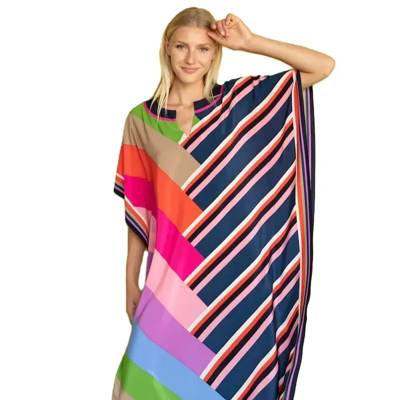 Stylish Multi Kaftan Summer Loungewear in Blended Silk Plus Size Full Length Kaftan for Poolside Parties