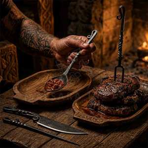 Ensemble de couverts de camping viking forgés à la main en acier inoxydable, ustensiles de repas médiévaux pour bushcraft avec étui de transport en cuir, 4 pièces, pour l'extérieur - Product Image 6