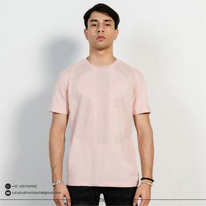 T-shirt pour homme à manches courtes, col rond, rose clair, coupe classique, couleur unie, en coton tricoté, style décontracté - Product Image 1