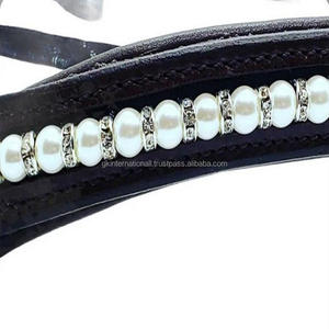 High Quality Empty Channel Dressage Brow Band for Horse with Cow Softy Padding Edge Stitching & Pearls Crystals Bling Brow Band - Product Image 1