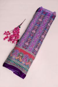 Tela con estampado de rayas florales moradas y borde ornamental para diseño de vestido Kurti, material para ropa étnica. - Product Image 5