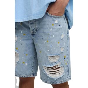 กางเกงขาสั้นผ้ายีนส์สาดสีฟ้าอ่อนสำหรับผู้ชายเครื่องแต่งกายแนวสตรีทฉีกกางเกงฮิปฮอปออกแบบได้เองแฟชันฤดูร้อนทรงหลวม - Product Image 3