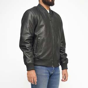 Blouson bomber en simili cuir perforé noir pour homme avec fermeture éclair - Product Image 4