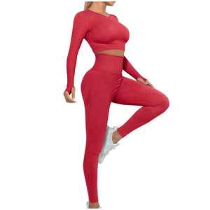 Women Seamless <b>Long</b> Sleeve Crop <b>Top</b> High Waist <b>Leggings</b> 2 Piece Yoga Fitness Set Solid Black - Product Image 6