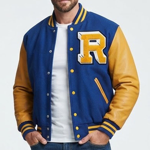 Blouson universitaire bleu et or pour homme avec logo R brodé, manches en cuir PU, col rabattable, fermeture boutonnée, style preppy haut de gamme - Product Image 1