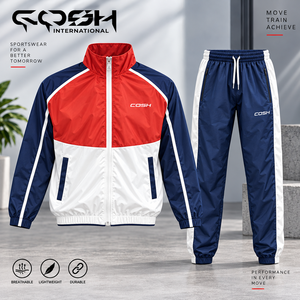 Conjunto Deportivo Cortavientos Ligero Unisex de Nailon en Diseño Color-Block Rojo, Azul y Blanco - Product Image 1