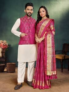 Designer Jacquard Weaving <b>Silk</b> Koti With Cotton <b>Kurta</b> Pant And Matching Saree Set - Product Image 1