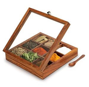 Caja de Especias Masala de 9 Compartimentos, Caja de Especias de Madera India de la Mejor Calidad, Más Vendida, para Uso en el Hogar, Restaurantes y Hoteles, Masala Dabba - Product Image 1