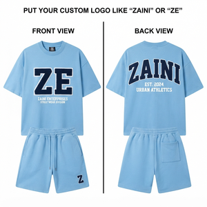 Ensemble T-shirt et short ZAINI en molleton polyester premium 280 GSM, coupe oversize, bleu ciel, avec logo personnalisé, style streetwear respirant - Product Image 1