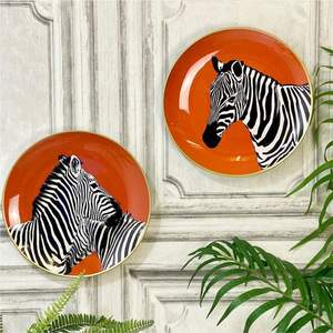 Juego de Bandejas Redondas de Esmalte con Estampado de Cebra de Lujo, Platos Decorativos de Metal Naranja para Decoración del Hogar, Mesa de Centro, Regalos de Boda - Product Image 1