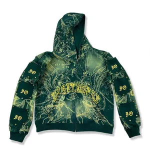 เสื้อฮู้ดซิปพิมพ์ลายทั้งตัวแบบกำหนดเอง รุ่นวินเทจสีเขียวฟอกย้อมลายเทวดาประดับคริสตัล สไตล์สตรีทแวร์ - Product Image 1