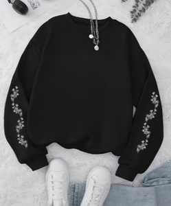 Hardihood International Women's Black Crew Neck <b>Sweatshirt</b> Full Sleeve Floral Embroidery Knitted Casual <b>Oversized</b> <b>Vintage</b> Cotton - Product Image 1