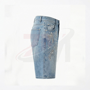 Pantalones Cortos de Mezclilla Personalizados para Hombre con Pedrería, Pantalones Cortos de Jean Lavados de Primera Calidad, Ropa Urbana de Lujo, Fabricante OEM ODM de Marca Privada - Product Image 4