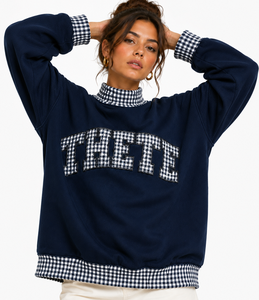 Custom Women Oversized Mockneck Sweatshirt Heavyweight Gingham Plaid <b>Patchwork</b> Casual Varsity Streetwear <b>Top</b> - Product Image 5