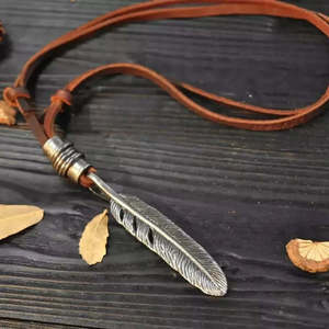 Vintage Alloy Feather Pendant Necklace with Adjustable Leather Cord for Men & Boys - Product Image 2