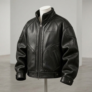 Men Black Leather Stand Collar Zipper <b>Jacket</b> <b>Racing</b> Biker <b>Jacket</b> Custom Leather Riding <b>Jacket</b> Wholesale Manufacture - Product Image 2