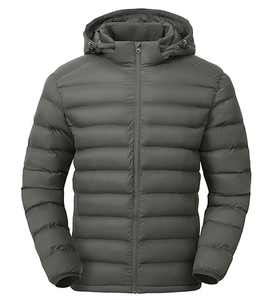 Men's Winter Puffer Jacket with Hood Solid <b>Pattern</b> Front Logo Zipper Closure - Product Image 3