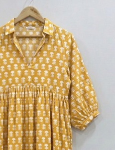 Chemise artisanale imprimée au bloc, 100 % coton, style traditionnel indien, formelle, écologique, respirante, col en V, manches bouffantes, silhouette trapèze - Product Image 3